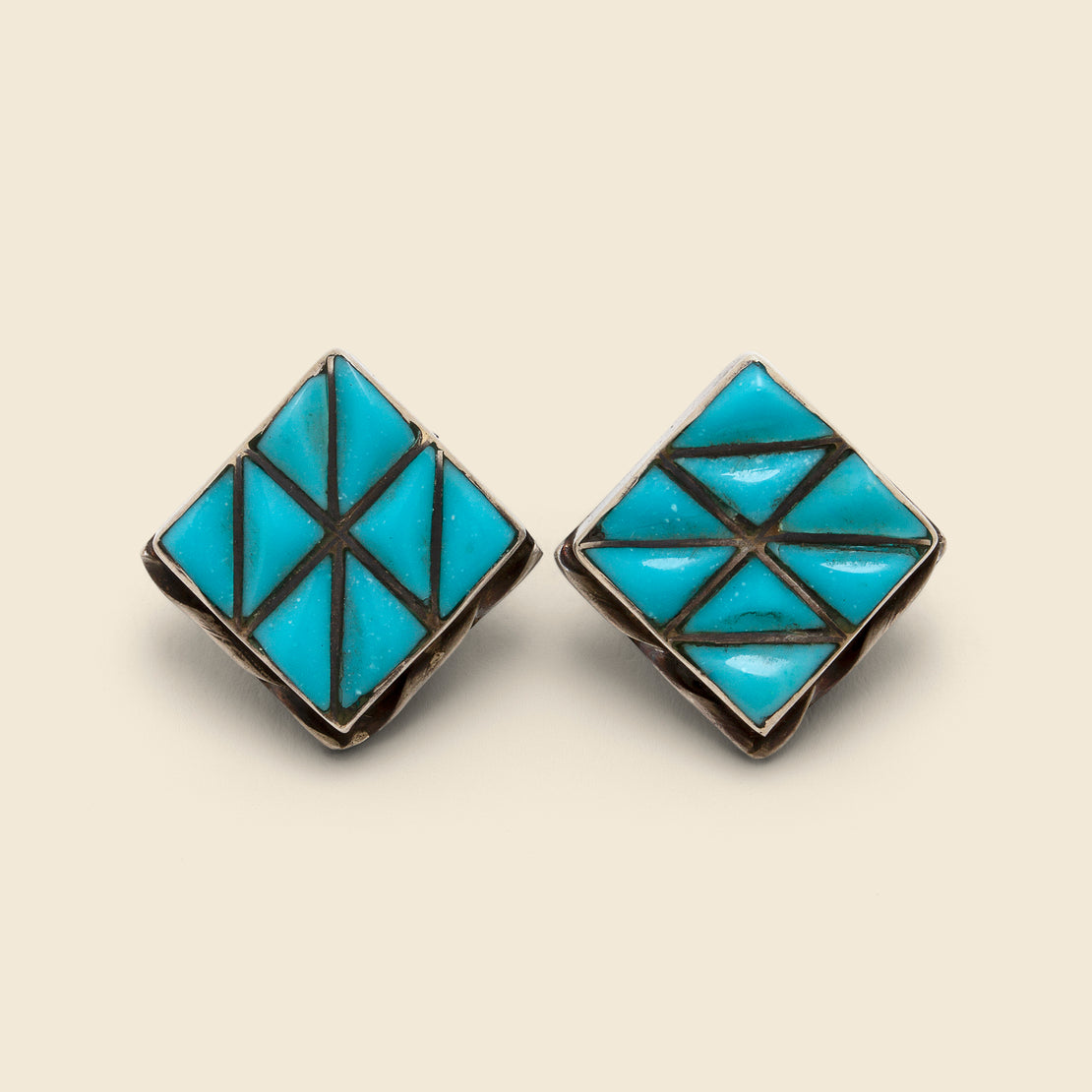 Vintage Geometric Diamond Sterling/Turquoise Stud Earrings - Silver/Blue