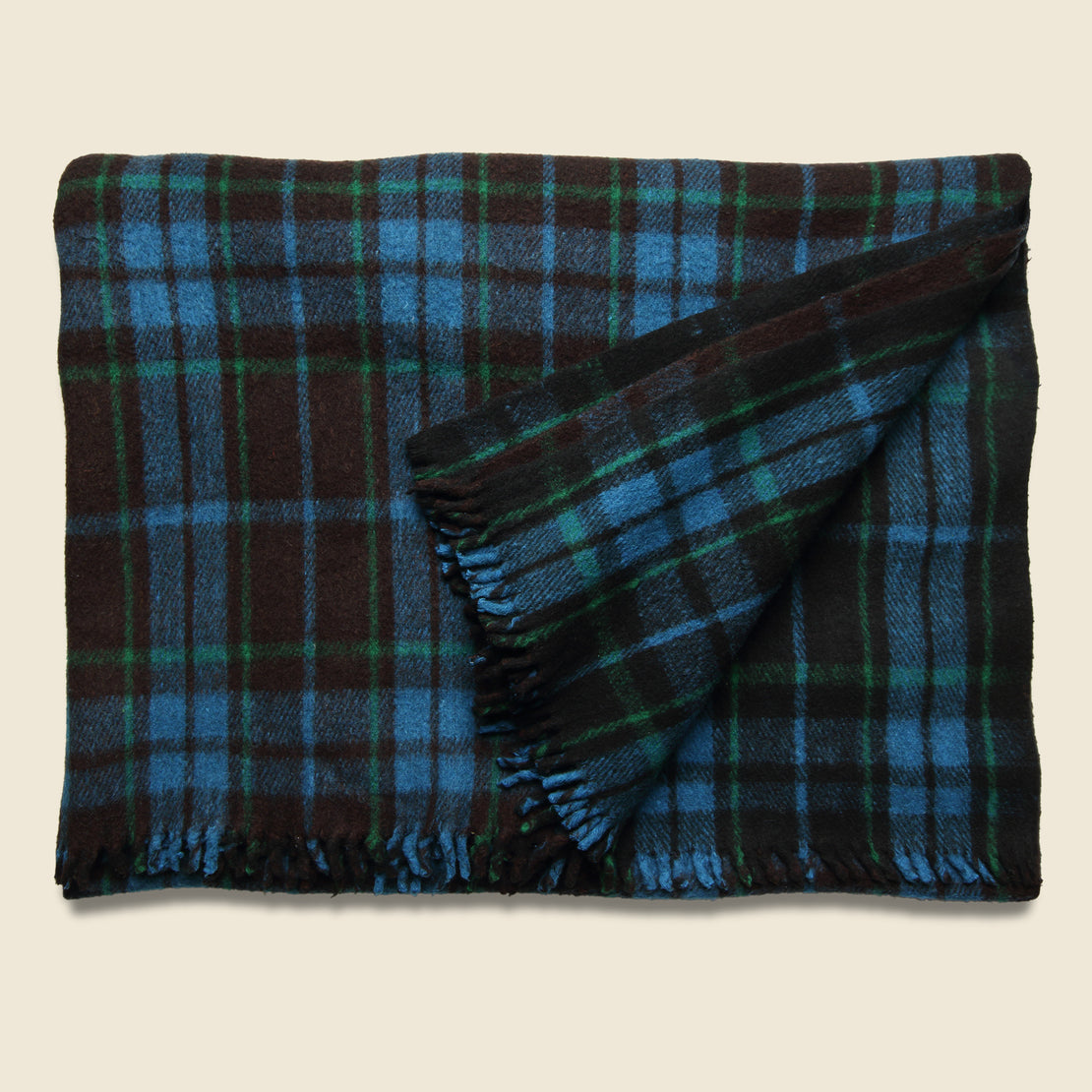 Vintage Vintage Indian Wool Plaid Blanket - Black/Green/Blue