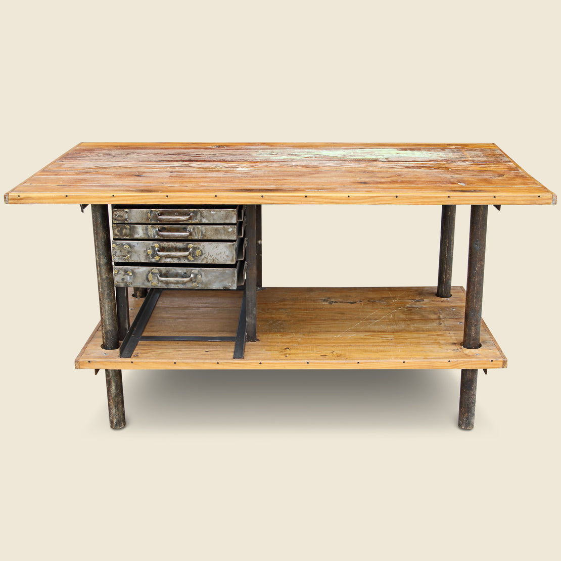 Vintage Wooden Industrial Table with Metal Drawers