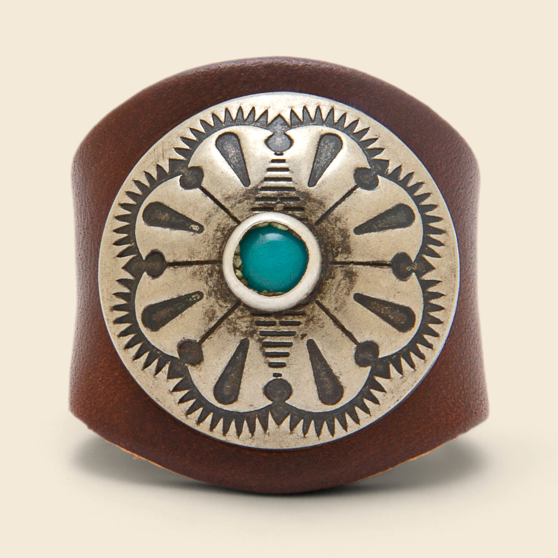 Yuketen Leather Concho Ring - Brown/Turquoise