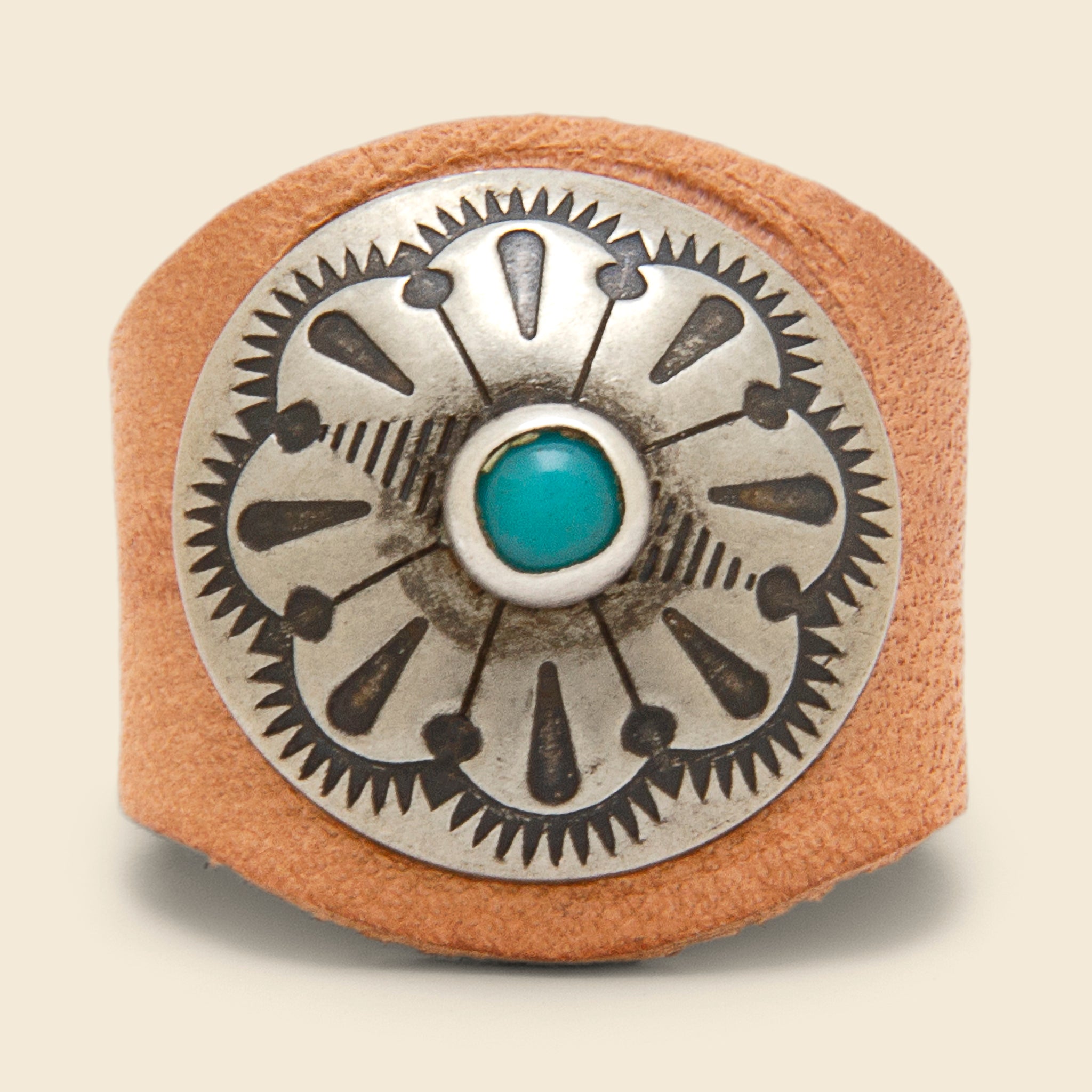 Leather Concho Ring - Tan/Turquoise