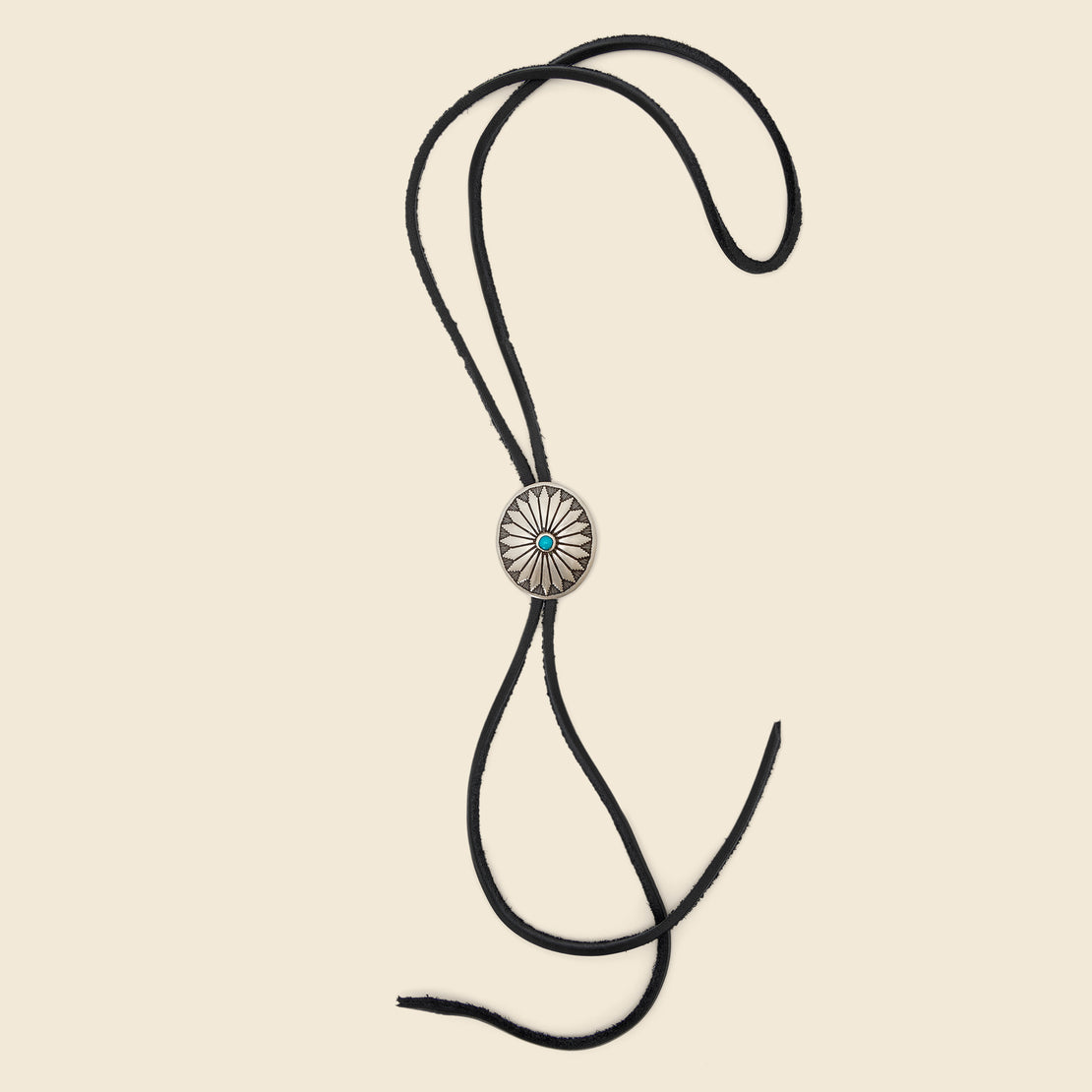 Yuketen Leather Bolo Tie with Concho - Black & Turquoise Flower
