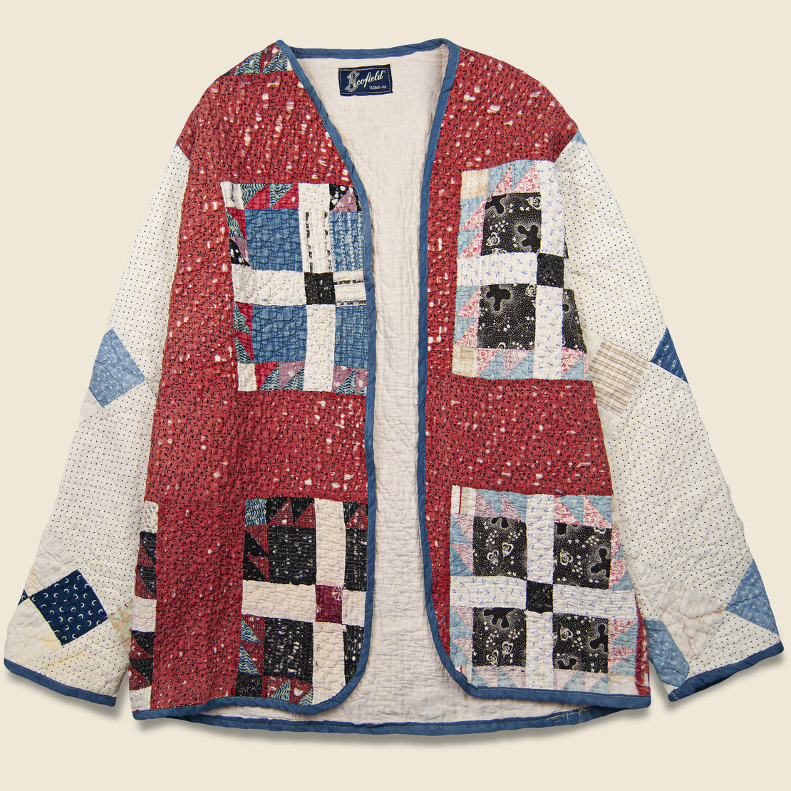 Vintage Scofield Cross w/ Indigo Piping Quilt Kimono - Red/White