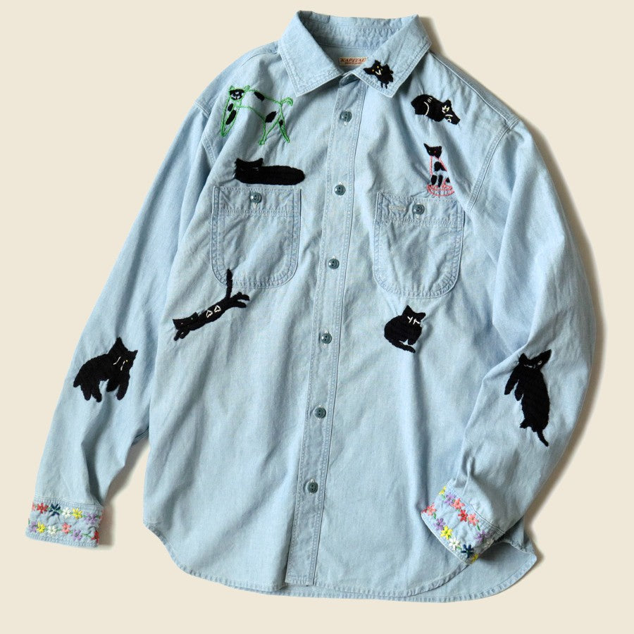 Kapital Chambray Work Shirt (Black Cat Embroidery) - Sax